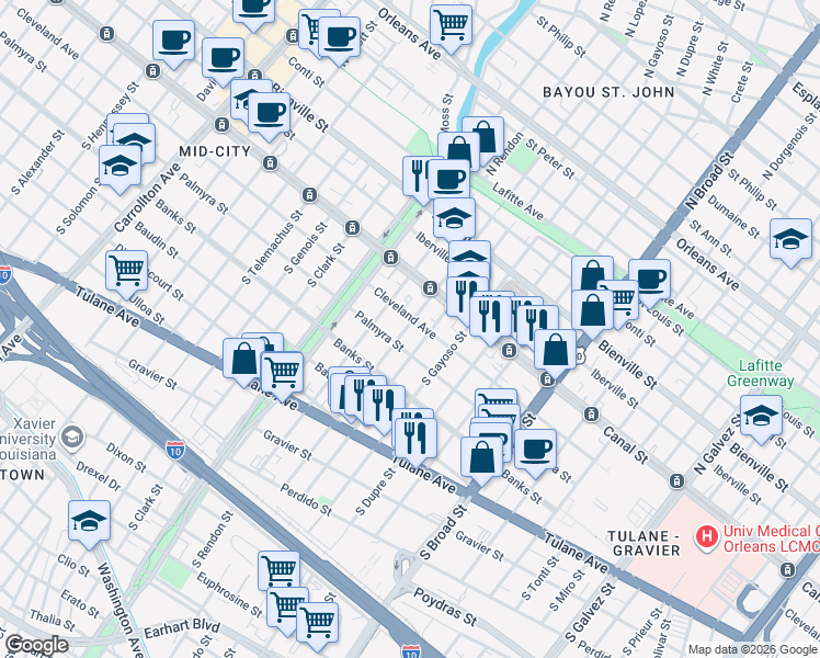 map of restaurants, bars, coffee shops, grocery stores, and more near 3109 Palmyra Street in New Orleans