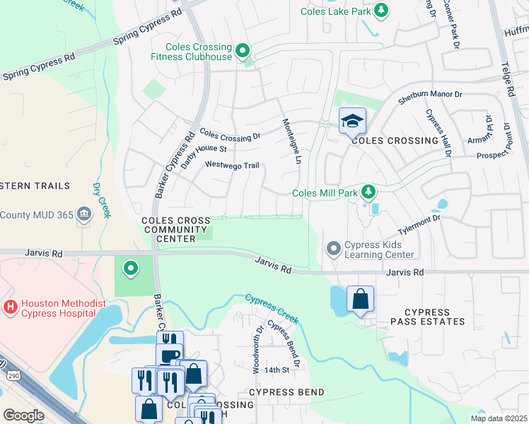 map of restaurants, bars, coffee shops, grocery stores, and more near 13402 General Gresham Lane in Cypress
