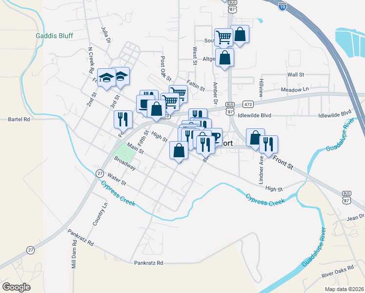 map of restaurants, bars, coffee shops, grocery stores, and more near 635 High Street in Comfort