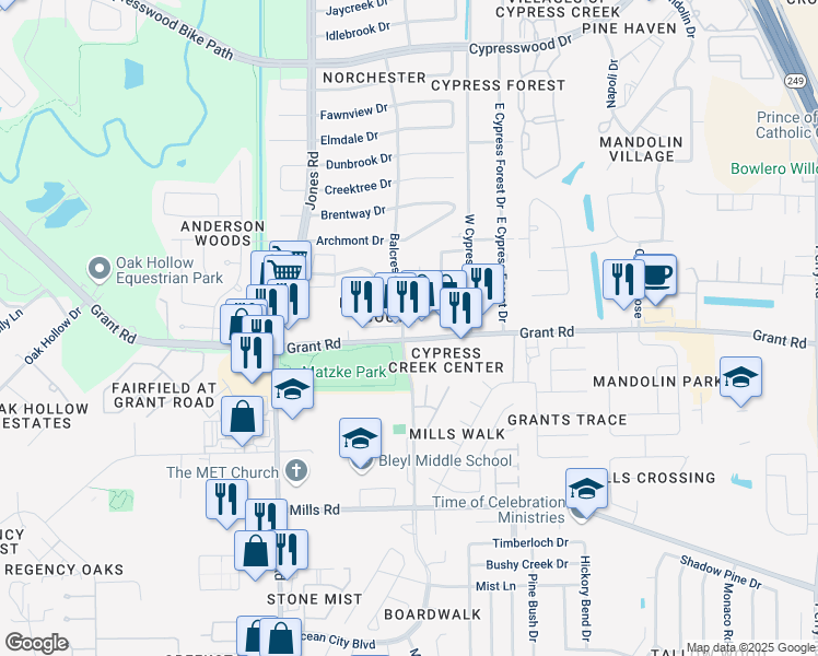map of restaurants, bars, coffee shops, grocery stores, and more near 10730 Grant Road in Houston