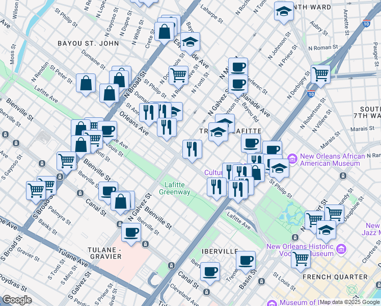 map of restaurants, bars, coffee shops, grocery stores, and more near 2111 Saint Ann Street in New Orleans