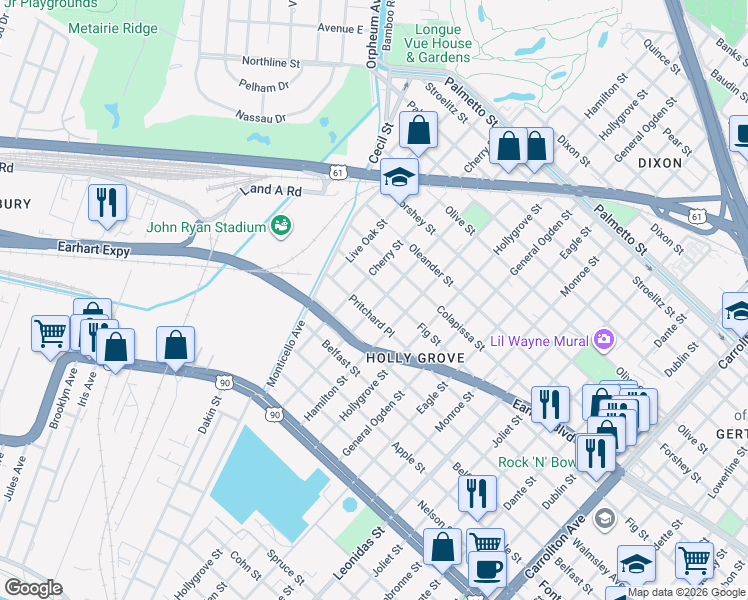 map of restaurants, bars, coffee shops, grocery stores, and more near 2832 Mistletoe Street in New Orleans