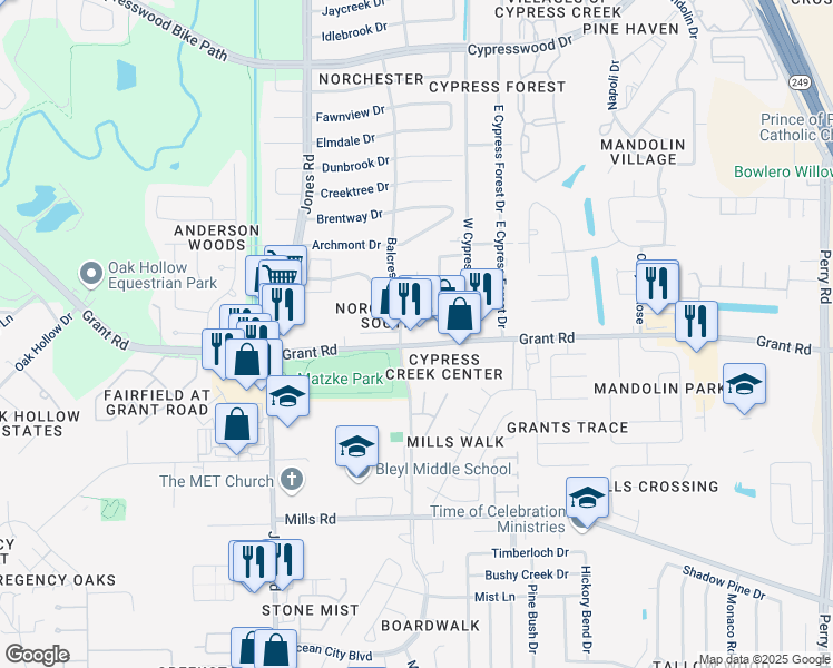 map of restaurants, bars, coffee shops, grocery stores, and more near 10730 Grant Road in Houston