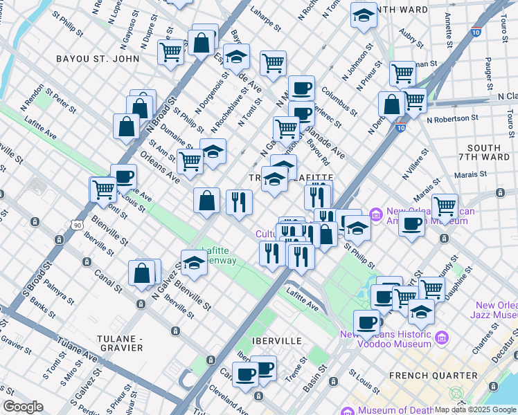 map of restaurants, bars, coffee shops, grocery stores, and more near 824 North Prieur Street in New Orleans