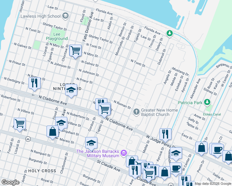map of restaurants, bars, coffee shops, grocery stores, and more near 1821 Tupelo Street in New Orleans