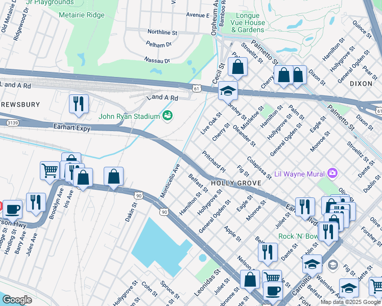map of restaurants, bars, coffee shops, grocery stores, and more near 2800 Cherry Street in New Orleans