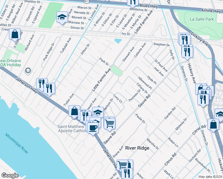 map of restaurants, bars, coffee shops, grocery stores, and more near 316 Nelson Drive in River Ridge