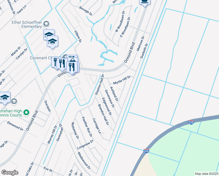 map of restaurants, bars, coffee shops, grocery stores, and more near 20 Ashland Drive in Destrehan