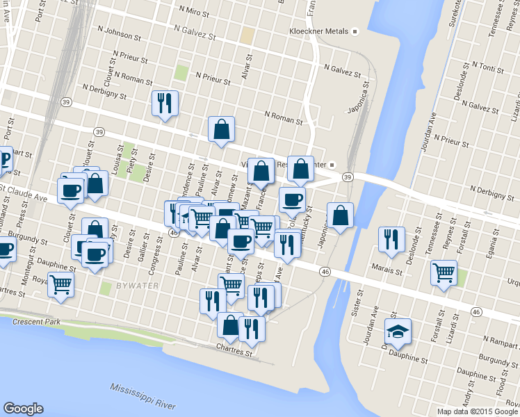map of restaurants, bars, coffee shops, grocery stores, and more near 1239 France Street in New Orleans