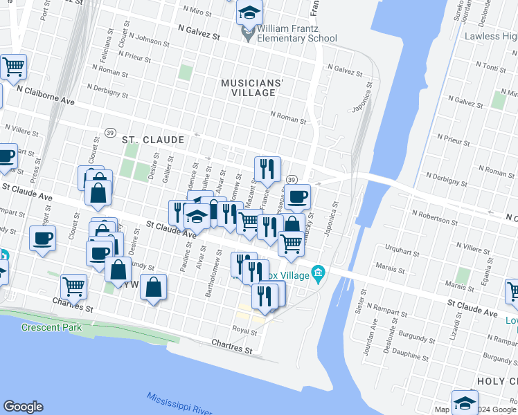 map of restaurants, bars, coffee shops, grocery stores, and more near 1239 France Street in New Orleans