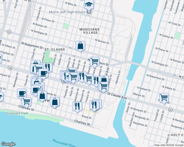 map of restaurants, bars, coffee shops, grocery stores, and more near 1239 France Street in New Orleans