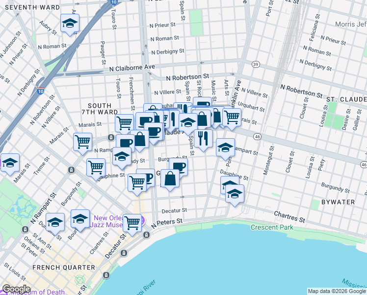 map of restaurants, bars, coffee shops, grocery stores, and more near 909 Mandeville Street in New Orleans