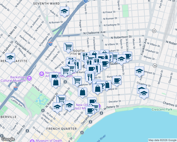 map of restaurants, bars, coffee shops, grocery stores, and more near 1625 Pauger Street in New Orleans