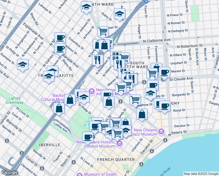map of restaurants, bars, coffee shops, grocery stores, and more near in New Orleans