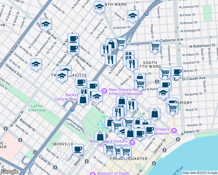 map of restaurants, bars, coffee shops, grocery stores, and more near in New Orleans