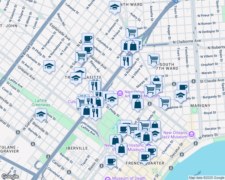 map of restaurants, bars, coffee shops, grocery stores, and more near 1134 North Robertson Street in New Orleans