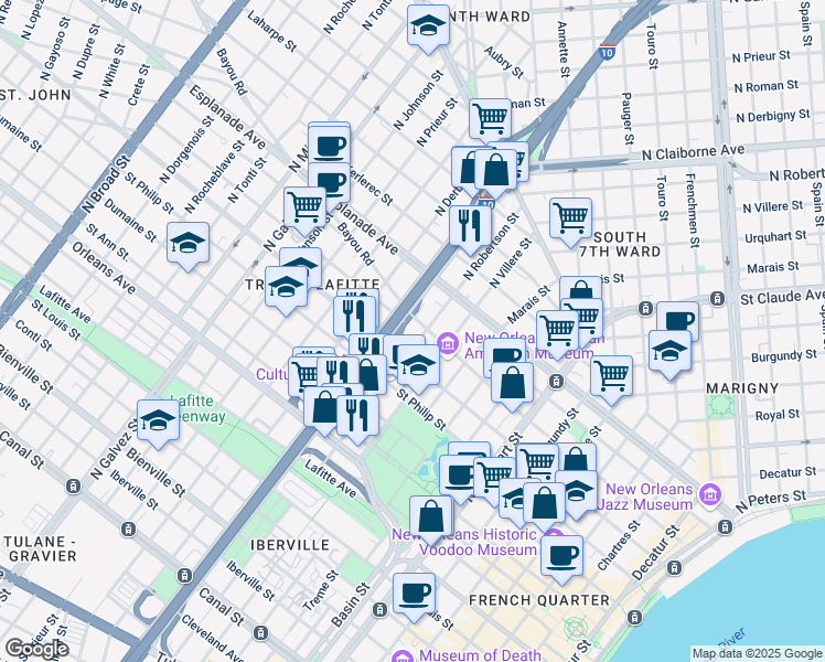 map of restaurants, bars, coffee shops, grocery stores, and more near 1134 North Robertson Street in New Orleans