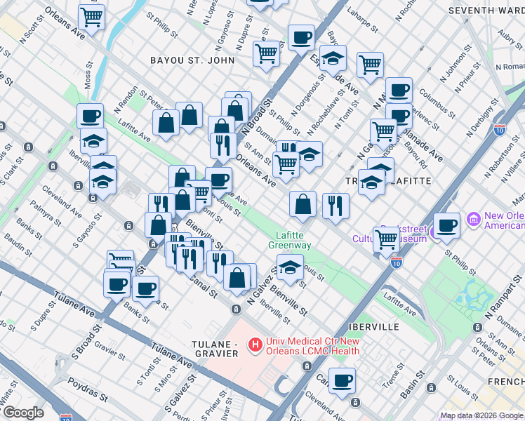 map of restaurants, bars, coffee shops, grocery stores, and more near 2401 Saint Louis Street in New Orleans