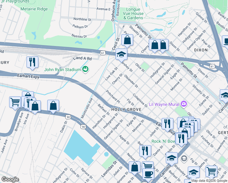 map of restaurants, bars, coffee shops, grocery stores, and more near 2832 Mistletoe Street in New Orleans