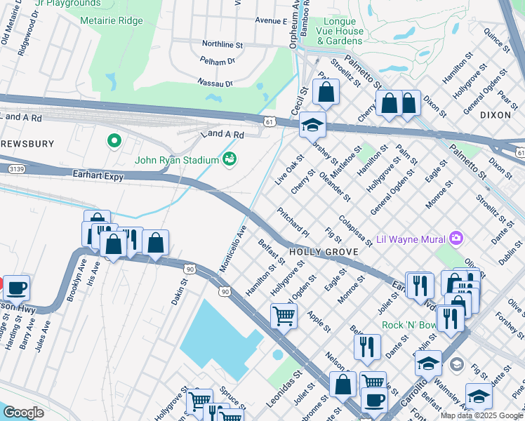 map of restaurants, bars, coffee shops, grocery stores, and more near 2800 Cherry Street in New Orleans