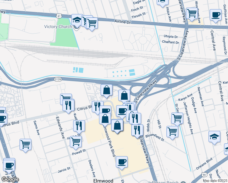 map of restaurants, bars, coffee shops, grocery stores, and more near 5133 Citrus Boulevard in Elmwood