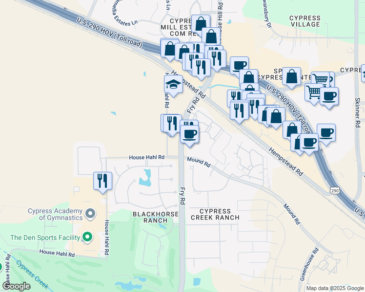 map of restaurants, bars, coffee shops, grocery stores, and more near 12907 Fry Road in Cypress
