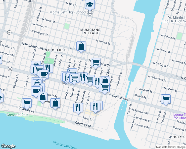 map of restaurants, bars, coffee shops, grocery stores, and more near 1239 France Street in New Orleans