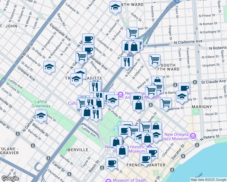 map of restaurants, bars, coffee shops, grocery stores, and more near 1134 North Robertson Street in New Orleans