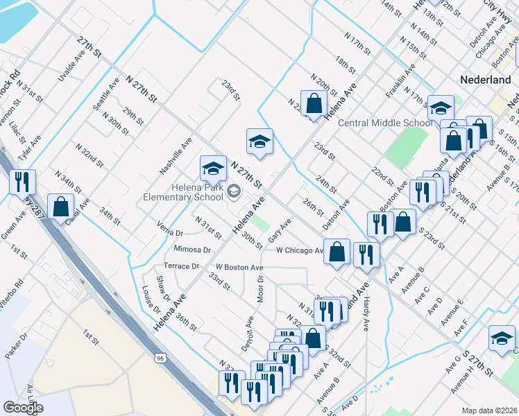 map of restaurants, bars, coffee shops, grocery stores, and more near 2811 Helena Avenue in Nederland