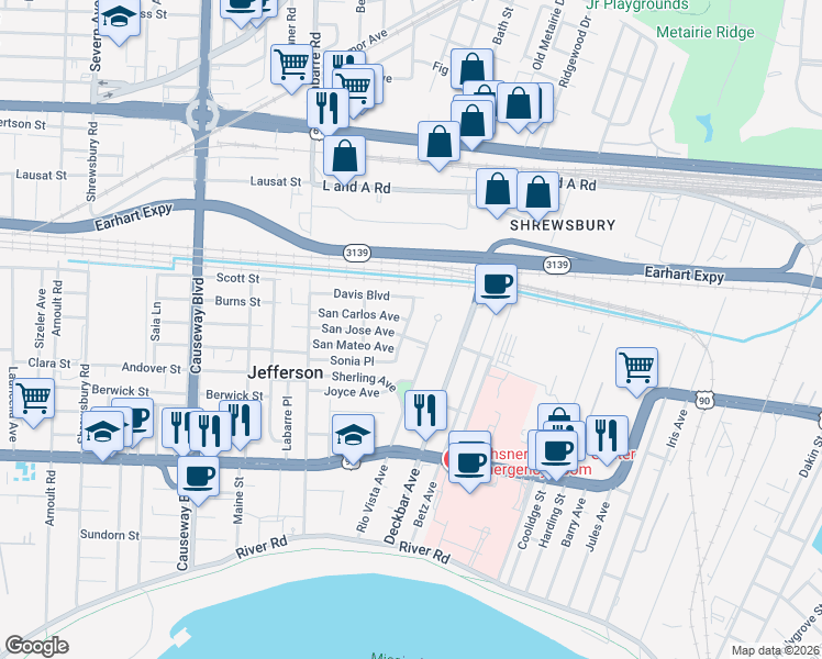 map of restaurants, bars, coffee shops, grocery stores, and more near 17 Santa Ana Avenue in Jefferson