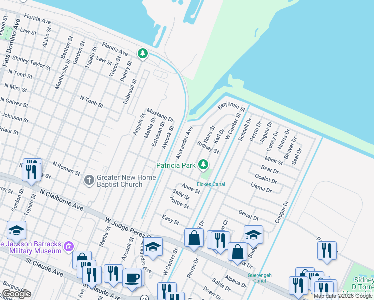 map of restaurants, bars, coffee shops, grocery stores, and more near 1819 Benjamin Street in Arabi