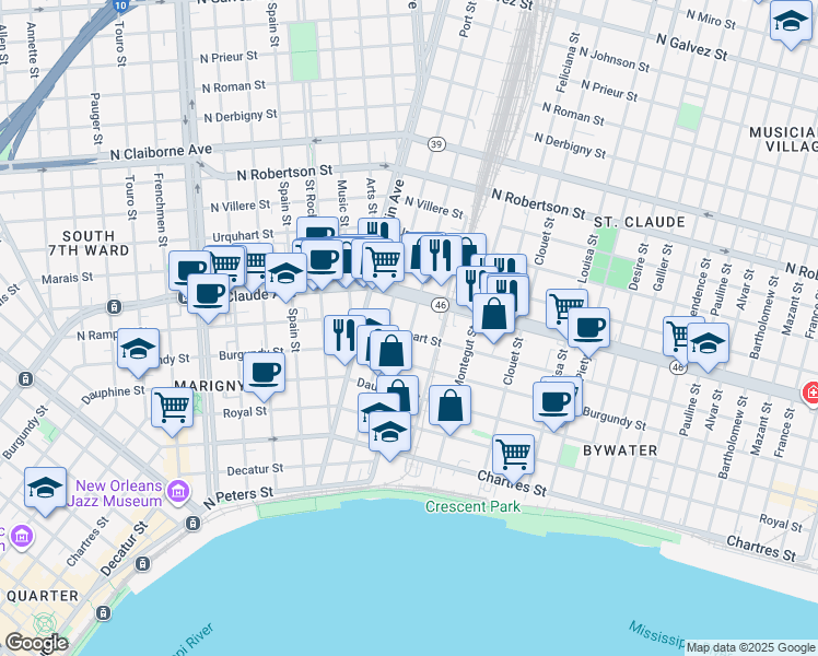 map of restaurants, bars, coffee shops, grocery stores, and more near 2826 North Rampart Street in New Orleans