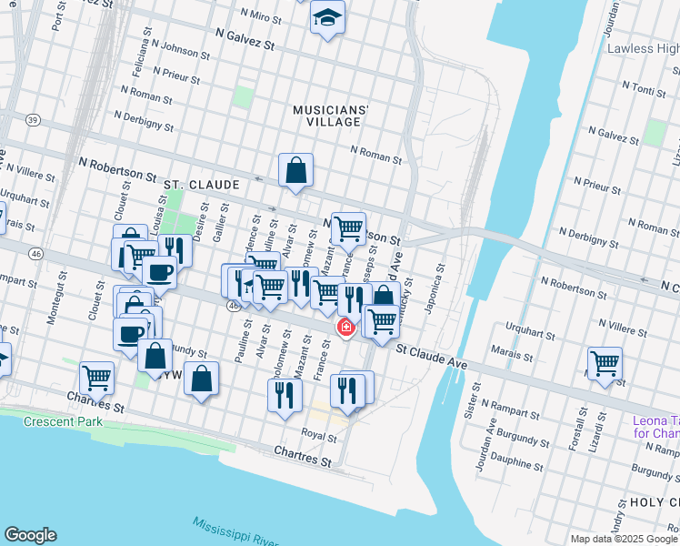 map of restaurants, bars, coffee shops, grocery stores, and more near 1239 France Street in New Orleans