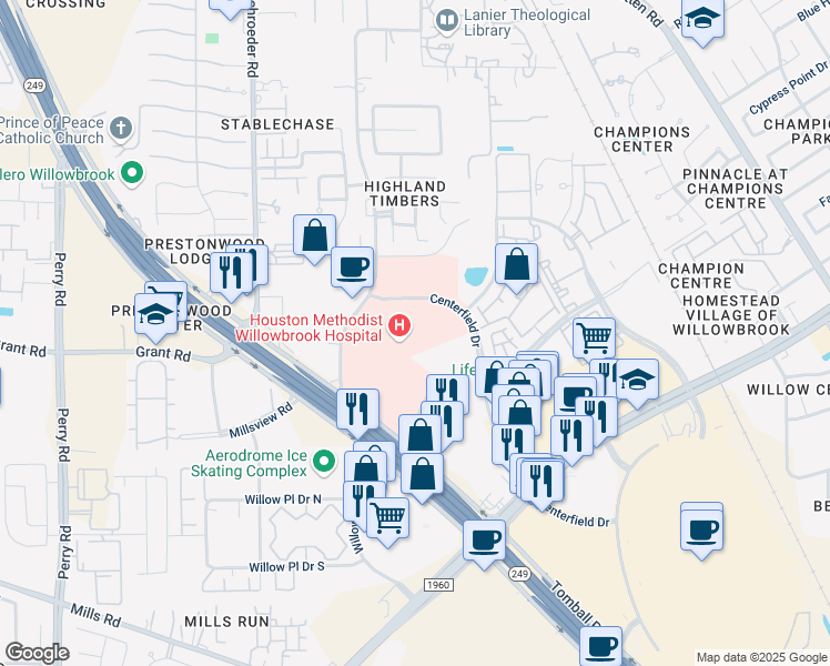 map of restaurants, bars, coffee shops, grocery stores, and more near 18220 Texas 249 in Houston