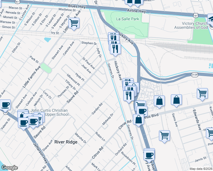 map of restaurants, bars, coffee shops, grocery stores, and more near 304 Berclair Avenue in River Ridge
