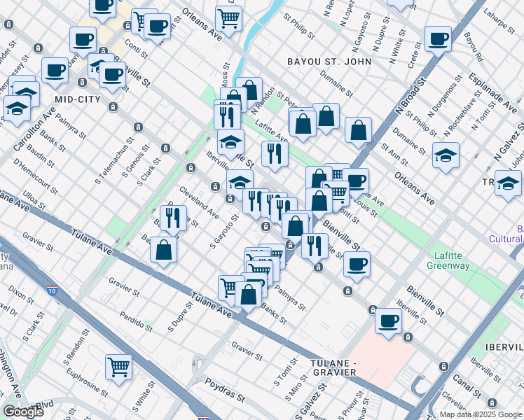 map of restaurants, bars, coffee shops, grocery stores, and more near 2819 Canal Street in New Orleans