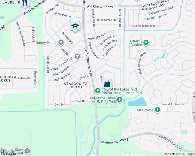 map of restaurants, bars, coffee shops, grocery stores, and more near 16315 Mossy Grove in Humble