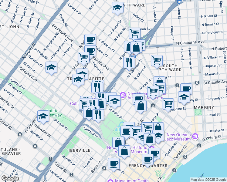 map of restaurants, bars, coffee shops, grocery stores, and more near 1134 North Robertson Street in New Orleans