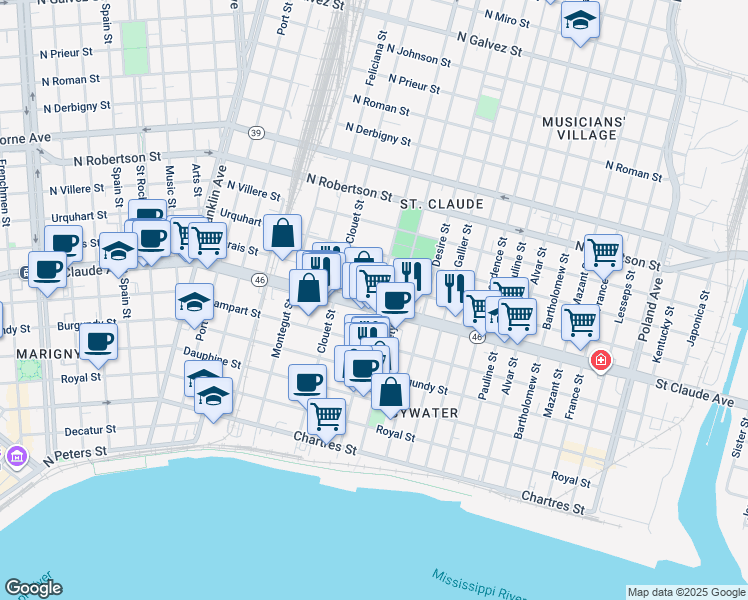 map of restaurants, bars, coffee shops, grocery stores, and more near in New Orleans