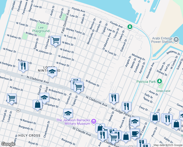 map of restaurants, bars, coffee shops, grocery stores, and more near 6216 North Prieur Street in New Orleans