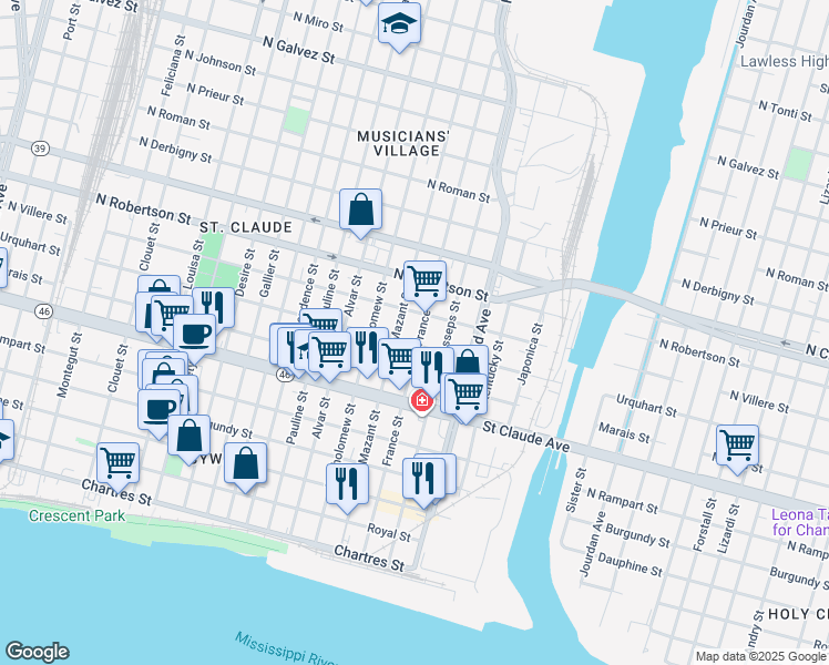 map of restaurants, bars, coffee shops, grocery stores, and more near 1239 France Street in New Orleans