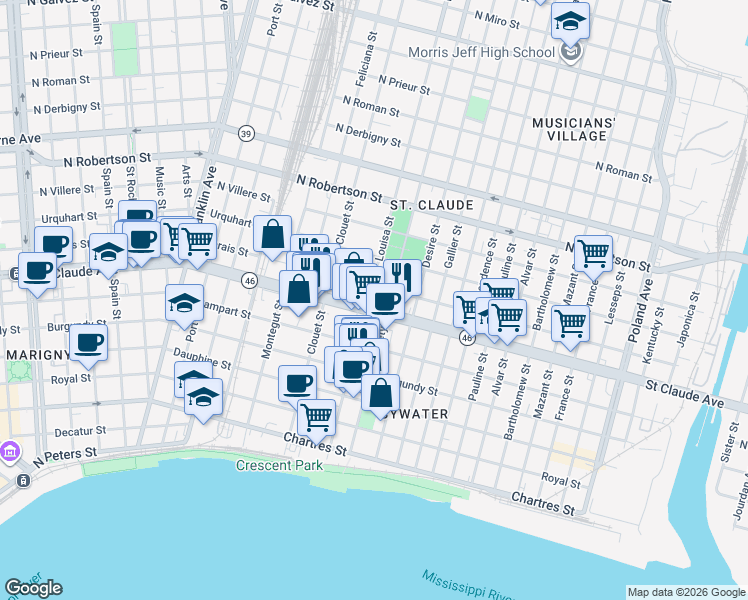 map of restaurants, bars, coffee shops, grocery stores, and more near in New Orleans