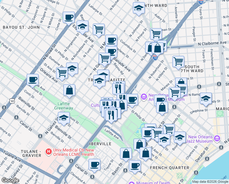 map of restaurants, bars, coffee shops, grocery stores, and more near in New Orleans