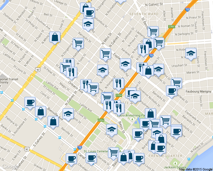 map of restaurants, bars, coffee shops, grocery stores, and more near 1837 Dumaine Street in New Orleans