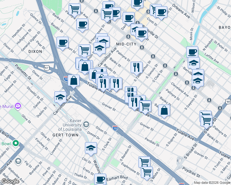 map of restaurants, bars, coffee shops, grocery stores, and more near South Cortez Street in New Orleans