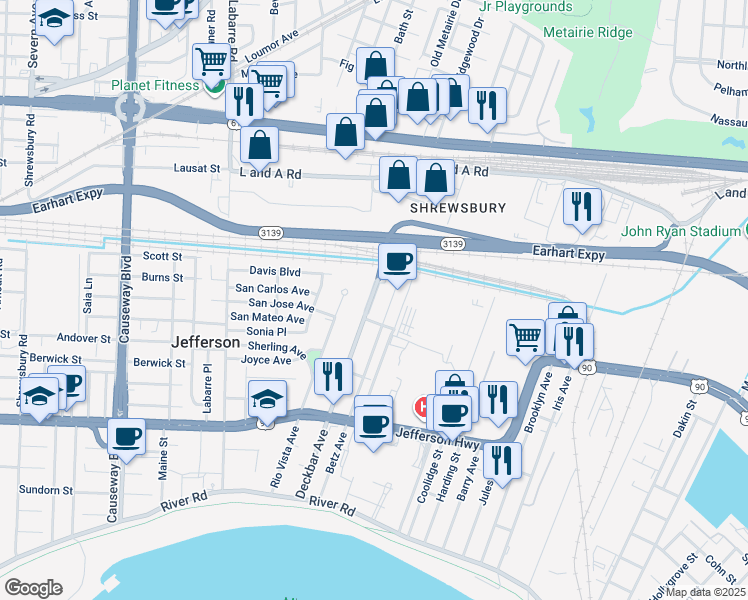 map of restaurants, bars, coffee shops, grocery stores, and more near 608 Betz Avenue in Jefferson
