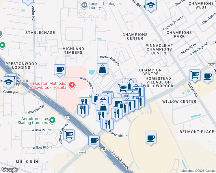 map of restaurants, bars, coffee shops, grocery stores, and more near 7718 1/2 Willow Chase Boulevard in Houston