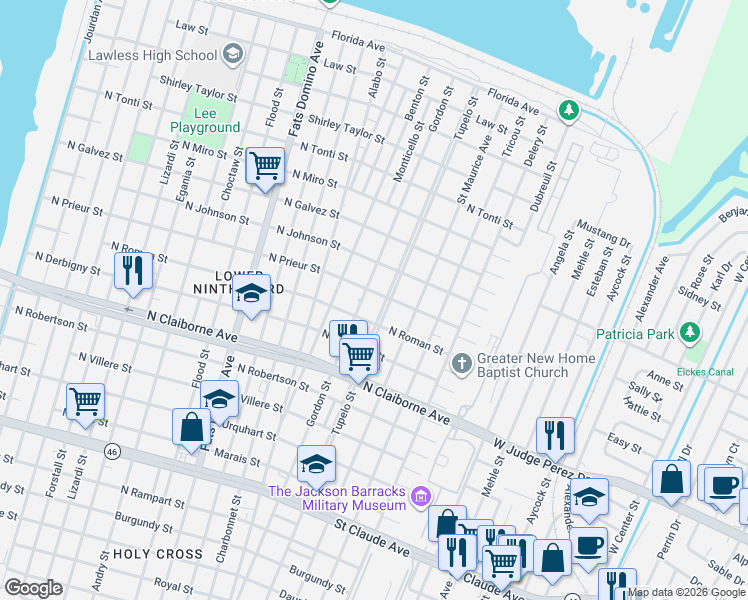 map of restaurants, bars, coffee shops, grocery stores, and more near 1821 Tupelo Street in New Orleans