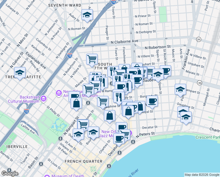 map of restaurants, bars, coffee shops, grocery stores, and more near 1625 Pauger Street in New Orleans