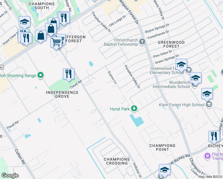 map of restaurants, bars, coffee shops, grocery stores, and more near 12323 Scyrus Lane in Houston